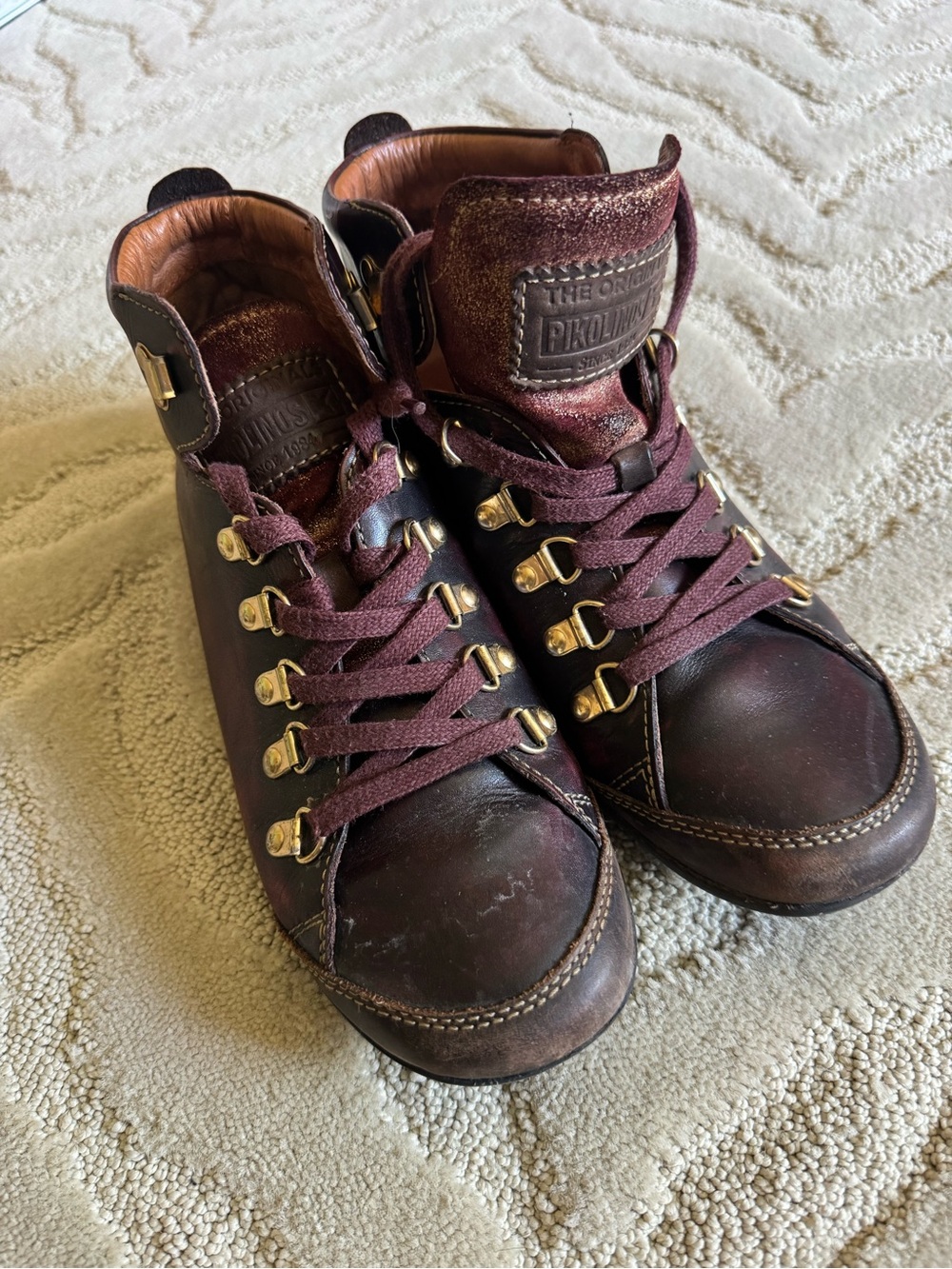PIKOLINOS Women Burgundy/Maroon Leather High-Top Boots with Burgundy Laces